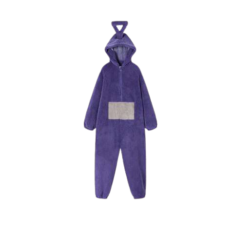 Déguisement pyjama télétubbies violet avec un triangle à l'envers sur la capuche et un rectangle gris sur le ventre