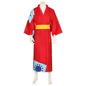 Déguisement One piece pour homme représentant un kimono porté par Monkey D luffy de couleur rouge, bleu et jaune
