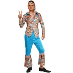 homme qui porte un déguismeent style disco hippie à fleurs et bleu turquoise, avec un pantalon, une chemise et un bandeau, présenté sur fond blanc