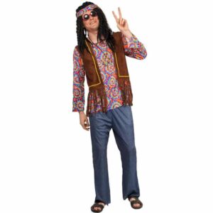 homme qui porte un déguisement complet avec un pantalon sombre, une chemise aux couleurs flashy et un bandeau assorti , présenté sur fond blanc
