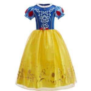 Déguisement princesse Blanche Neige de couleur jaune et bleu avec des motifs de dentelles