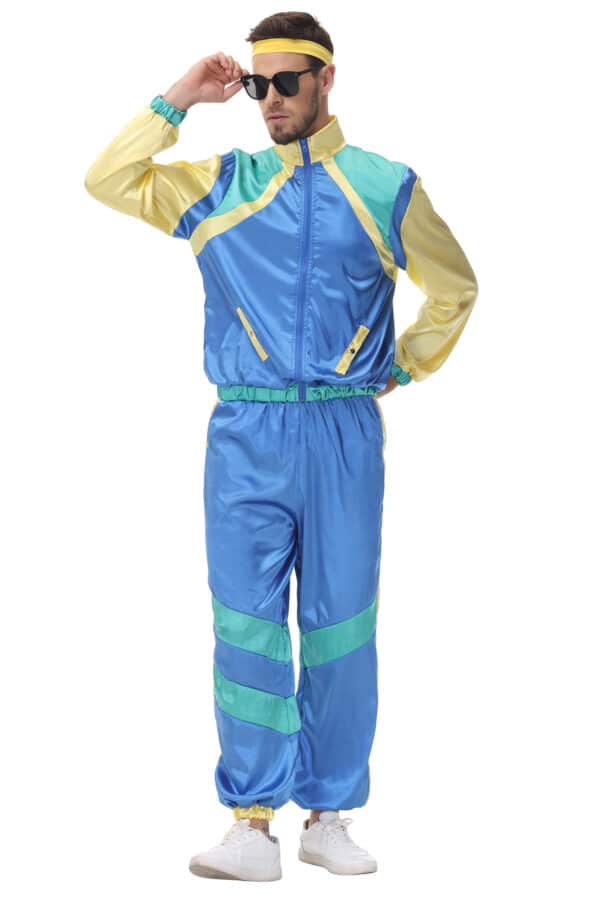 homme qui porte un déguisement survêtement bleu et jaune et qui porte des lunettes de soleil , et il est présenté sur fond blanc