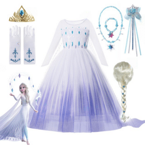 déguisement de princesse pour petite fille à l'effigie de la reine des neiges , on voit la robe blanche à stress bleus, des gants, une couronne, un collier, une perruque, et un papillon, présentés sur fond blanc
