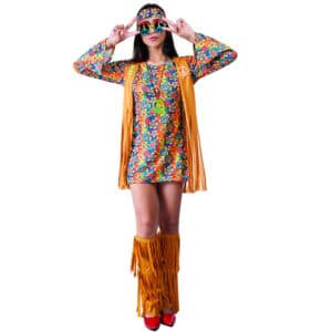 Déguisement hippie robe coloré pour femme avec un fond blanc