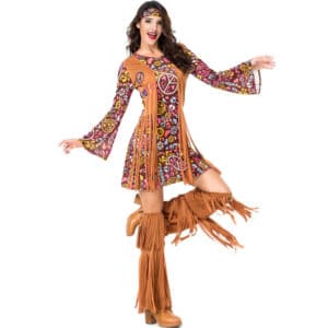 Déguisement robe hippie pour femme avec un fond blanc
