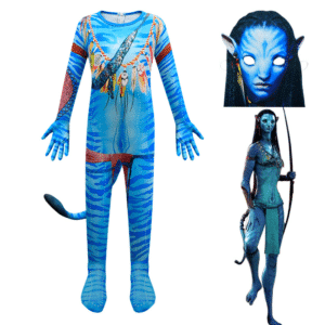 Déguisement Avatar enfant bleu à gauche, en haut à droite le visage Avatar avec en dessous le portrait du personnage du film