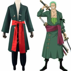 Déguisement One Piece de Roronoa Zoro sur la gauche de l'image, et à droite la photo du personnage