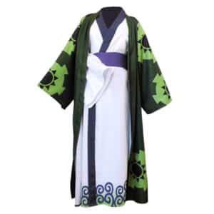 Déguisement kimono blanc et vert One Piece de Roronoa Zoro en entier et de face sur fond blanc