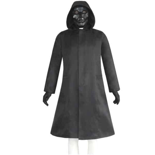 Déguisement Squid Game noir à capuche de face sur fond blanc