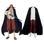 Déguisement One Piece Shanks avec cape noire entier sur la droite de l'image, et sur la gauche la photo du personnage