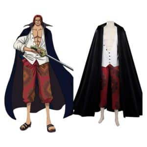 Déguisement One Piece Shanks avec cape noire entier sur la droite de l'image, et sur la gauche la photo du personnage