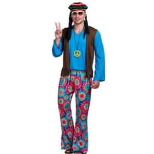 Déguisement hippie bleu pour homme, complet avec un chapeau porté par un homme. Bonne qualité et très à la mode