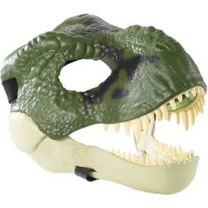 Masque de dragon vert, la bouche ouverte avec de grandes dents, de profil sur fond blanc