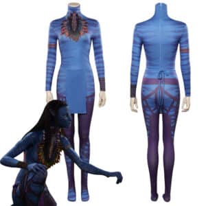 Déguisement Avatar Neytiri de face et de dos sur fond blanc, avec en bas à gauche l'image du personnage de profil