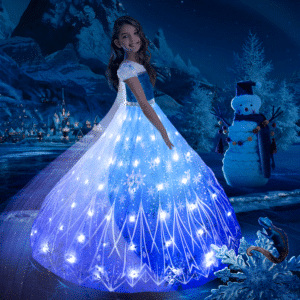Robe de princesse bleue Reine des Neiges lumineuse portée par une petite fille debout de profil et souriante