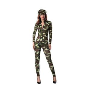 Déguisement militaire combinaison pour femme, vert armée porté par une femme. Bonne qualité et très à la mode.
