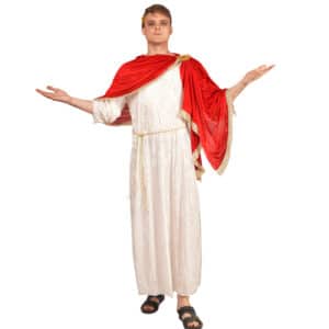 Homme portant un déguisement Romain comprenant une tunique blanche avec une toge rouge par dessus, sur fond blanc