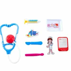 Ensemble de jouets stéthoscope médical pour enfants sur fond blanc.