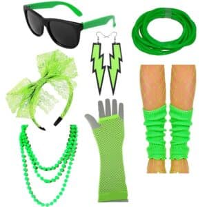 Ensemble de 7 accessoires années 80 colorés vert comprenant une paire de lunettes, des boucles d'oreilles, des bracelets, un collier, un serre-tête, des mitaines et des jambières