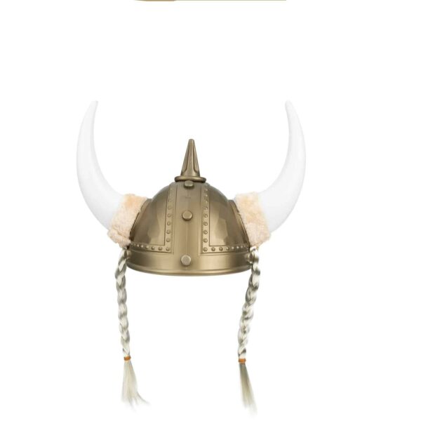 Casque viking doré avec des cornes blanches et des tresses de chaque côté, sur fond blanc.