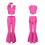 Déguisement rose de face et de dos sur fond blanc, composé d'un gilet sans manches, un foulard et un pantalon évasé à paillettes