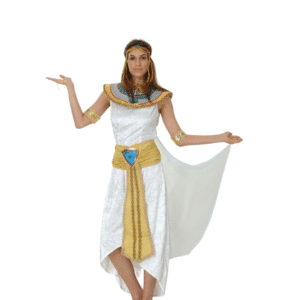 Femme portant le costume d'Égyptienne qui se compose d'une longue robe blanche satinée, une large ceinture dorée tombant sur les cuisses, un large plastron couvrant les épaules, des bracelets dorés, une toge fluide et légère et un bijou de tête sur fond blanc