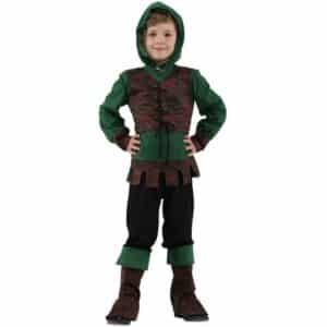 Un petit garçon pose en costume de Robin des bois. Il porte un haut vert et marron à laçage avec un pantalon avec des guêtres effet bottes.