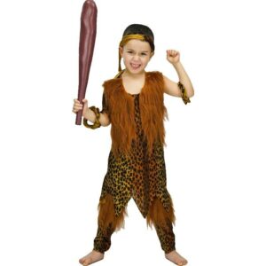 Un petit garçon porte un costume d'homme préhistorique. Il est composé d'une tunique longue léopard avec fausse fourrure sur le devant et des guêtres hautes faites dans les mêmes matières. Il porte un bandeau sur la tête et deux autres aux poignets ainsi qu'une massue dans la main.
