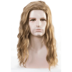 Tête de mannequin portant la perruque longue Lestat le vampire sur fond blanc.