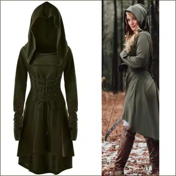 Une femme pose dans un déguisement de Robin des bois. Elle porte une robe à capuche et manches longues verte avec laçage sur le devant. À côté de la photo on voit le produit sur fond blanc.
