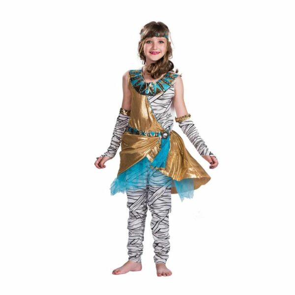 Déguisement Cléopâtre bleu et doré pour filles avec un fond blanc