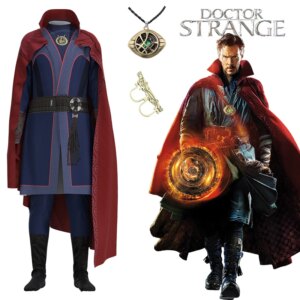 Déguisement complet du Docteur Strange, avec sa bague magique et son collier à côté de son image et nom par dessus.