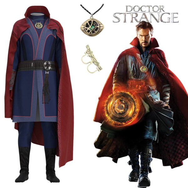 Déguisement complet du Docteur Strange, avec sa bague magique et son collier à côté de son image et nom par dessus.