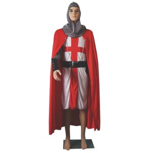 Mannequin portant le costume complet rouge et blanc de Templier comprenant une cagoule effet cotte de mailles, une longue tunique blanche avec sa ceinture en cuir synthétique, une longue cape rouge vif et deux bracelets de force en cuir synthétique, sur fond blanc.