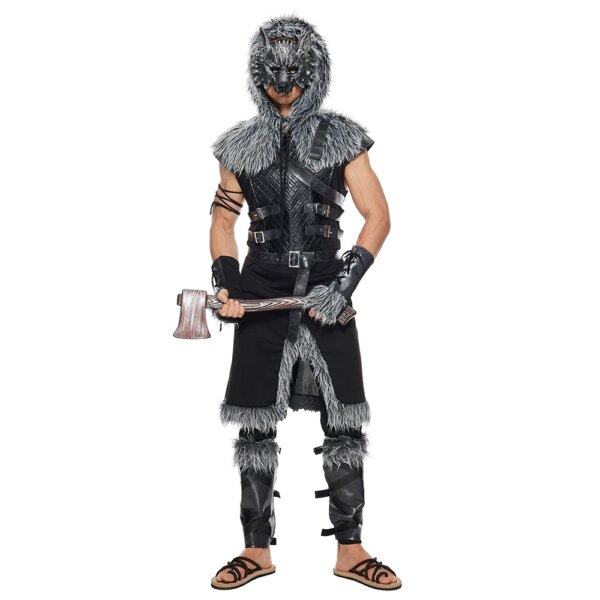 Homme portant le costume cosplay noir de guerrier viking édition de luxe, avec une combinaison faisant penser à une armure de cuir, une ceinture en cuir synthétique, une capuche en fausse fourrure, un masque de loup qui couvre la moitié du visage, des bracelets de force pour les poignets, des pièces en cuir synthétique à nouer autour des tibias et un bijou de bras en corde à mettre autour du biceps, sur fond blanc.