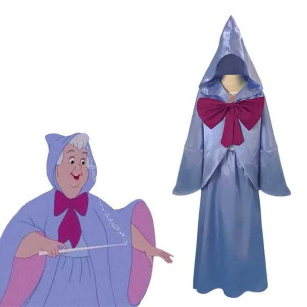 Déguisement de la Fée Marraine Cendrillon, robe bleue à manches longues satinée, avec une capuche et un nœud violet sur le devant.