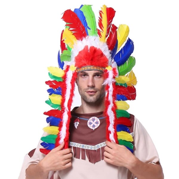 Homme portant la coiffe de chef Indien à plumes multicolores sur fond blanc.