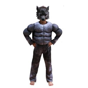 Petit garçon portant le costume de Loup-Garou pour enfant se composant d'une combinaison grise "faux muscles" et un masque réaliste de loup qui couvre tout le visage, sur fond blanc.