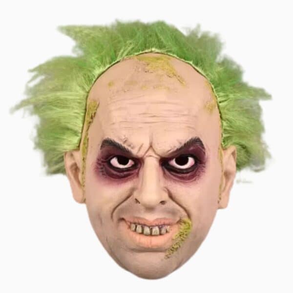 on voit sur un fond blanc un masque de Beetlejuice