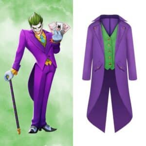 Veste costume du Joker violet et vert pour adulte sur fond blanc