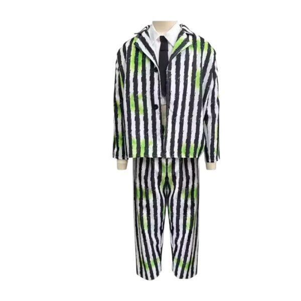Costume Beetlejuice rayé noir blanc vert pour enfant avec veste et pantalon assortis