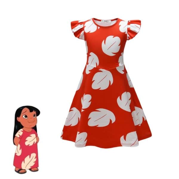 Robe rouge tropicale inspirée de Lilo, avec motifs de feuilles blanches.
