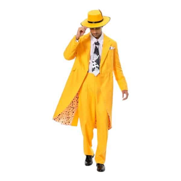 Homme portant le costume jaune du personnage The Mask avec chapeau et cravate à pois.