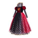 Déguisement enfant de reine de cœur avec robe damier rouge et noire à col haut