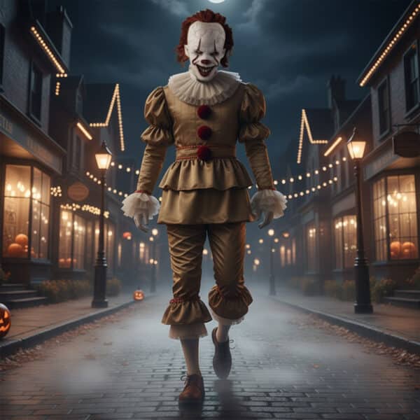 Une personne portant un déguisement de clown Ça pour Halloween, marchant dans une rue éclairée et décorée spécialement pour Halloween.