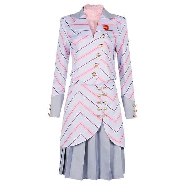 Un déguisement de sorcière Wicked - costume de Glinda gris à rayures roses comprenant une jupe, une chemise, une veste et un badge, sur un fond blanc uni.