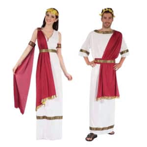 Un homme et une femme côte à côte portant chacun un Déguisement couple tenues Romaines rouge, blanc avec accessoires dorés sur un fond blanc uni.