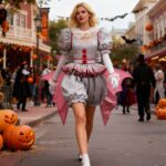 Une femme blonde marchant dans une rue décorée pour Halloween, portant un déguisement clown Ça pour femme Halloween avec grand noeud à l'arrière, dans des tons gris et rouges.