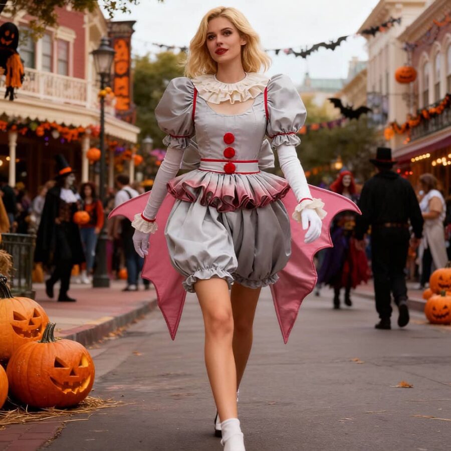 Une femme blonde marchant dans une rue décorée pour Halloween, portant un déguisement clown Ça pour femme Halloween avec grand noeud à l'arrière, dans des tons gris et rouges.