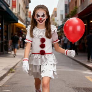 Une petite fille brune marchant dans une rue en plein jour, portant un déguisement clown Ça Halloween fidèle à l'original blanc, argenté et rouge, tenant un ballon rouge dans sa main gauche et maquillée comme une clown terrifiant.